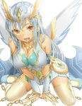  :3 :d ahoge andromeda_(p&amp;d) armlet bare_shoulders blue_hair breasts bridal_gauntlets chain cleavage covered_nipples dress fang headpiece jewelry kukkumann large_breasts leaning leaning_forward long_hair looking_at_viewer necklace open_mouth orange_eyes puzzle_&amp;_dragons ring sideboob simple_background sitting sleeveless sleeveless_dress smile solo thighhighs wariza white_background white_dress winged_hair_ornament wings zettai_ryouiki 