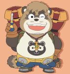 2024 anthro belly black_nose canid canine chibi clothing crave_saga garouzuki kemono male mammal one_eye_closed overweight overweight_male pong_(crave_saga) raccoon_dog shirt simple_background solo tanuki topwear wink