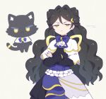  +_+ 1girl black_cat black_hair black_shirt capelet cat center_frills closed_mouth commentary_request cowboy_shot crescent crescent_hair_ornament crossed_arms frills glaring grey_background hair_intakes hair_ornament half-closed_eyes kiratto_pri_chan long_hair long_sleeves looking_at_viewer luluna_(pri_chan) pretty_series shirt simple_background skirt standing terayamaden very_long_hair wavy_hair white_capelet yellow_eyes 