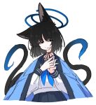  1girl animal_ears black_eyes black_hair black_ribbon blue_archive blue_neckerchief cat_ears cat_girl cat_tail cowboy_shot dr_yamero hair_in_own_mouth halo highres kikyou_(blue_archive) medium_hair multiple_tails neck_ribbon neckerchief ribbon simple_background solo tail white_background 