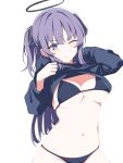  1girl bikini bikini_under_clothes blue_archive blue_bikini blue_sweater blush breasts cleavage closed_mouth clothes_lift commentary highres kusana_(kusana47454281) large_breasts lifted_by_self long_hair long_sleeves navel one_eye_closed purple_eyes purple_hair simple_background solo stomach sweatdrop sweater sweater_lift swimsuit two_side_up underboob white_background yuuka_(blue_archive) 