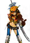  bad_id bad_pixiv_id belt blue_eyes brown_hair cowboy_hat gloves hat juz long_hair looking_at_viewer midriff monster_hunter navel one_eye_covered pointing pointing_at_viewer poncho solo sword weapon wroggi_(armor) 
