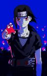  1boy absurdres black_hair closed_mouth fishnets forehead_protector highres japanese_clothes jewelry konohagakure_symbol looking_at_viewer male_focus naruto naruto_(series) necklace ponytail reaching reaching_towards_viewer red_eyes sharingan short_sleeves simple_background solo syakunetuu uchiha_itachi 