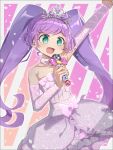 1girl :d ahoge anisakisu arm_up bare_shoulders bow cowboy_shot detached_collar detached_sleeves dress frilled_dress frills green_eyes hand_up highres holding holding_microphone idol long_hair manaka_laala microphone open_mouth outstretched_arm pink_background pink_dress pretty_series pripara purple_hair smile solo standing strapless strapless_dress tiara twintails very_long_hair waist_bow 