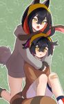  1boy 1girl :o bandaid bandaid_on_knee bandaid_on_leg black_hair brother_and_sister carmine_(pokemon) colored_inner_hair commentary_request crossed_bangs eyelashes grey_hoodie hair_between_eyes hairband highres hood hood_down hoodie kieran_(pokemon) kneeling long_hair long_sleeves looking_at_viewer multicolored_hair omochi_popo open_mouth outline pokemon pokemon_sv raised_eyebrows shorts siblings sleeves_past_wrists socks white_shorts yellow_eyes yellow_hairband 