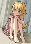  1girl an_yb bare_shoulders barefoot blonde_hair blush bright_pupils closed_mouth commentary curtains dress feet hand_on_ground hand_on_own_shoulder head_tilt highres knees_up long_hair looking_at_viewer monogatari_(series) on_floor oshino_shinobu panties pantyshot pink_dress sitting smile solo sundress underwear white_panties yellow_eyes 