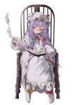  1girl blush book boots chair closed_mouth dress hat highres long_hair long_sleeves mob_cap open_book patchouli_knowledge purple_dress purple_eyes purple_footwear purple_hair purple_headwear simple_background solo touhou tsune_(tune) white_background 