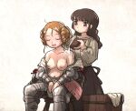  2girls arming_doublet armor blonde_hair braid braided_bun breasts brown_eyes brown_hair bucket cleavage codpiece commentary couter covered_nipples cuisses double_bun english_commentary french_braid greaves hair_bun highres hot ironlily jacket lady_johnna_(ironlily) light_brown_hair long_hair medieval medium_breasts multiple_girls nipples no_bra off_shoulder open_clothes open_jacket ordo_mediare_sisters_(ironlily) pauldrons plate_armor poleyn pouring_onto_another rerebrace short_hair shoulder_armor sitting sweat twin_braids_sister_(ironlily) vambraces very_sweaty washing_another water wet wet_clothes wooden_bucket 