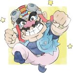  1boy big_nose blue_footwear blue_shirt clenched_hands clenched_teeth facial_hair goggles goggles_on_headwear helmet looking_at_viewer lowres mustache official_art pants pink_pants pointy_ears shirt star_(symbol) takeuchi_kou teeth thick_eyebrows third-party_source wario warioware warioware:_get_it_together! 