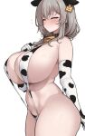  1girl animal_ears animal_print bare_shoulders bell bikini blush breasts closed_eyes closed_mouth collar commentary cow_ears cow_girl cow_print cowbell cowboy_shot curvy ear_tag elbow_gloves fake_animal_ears flying_sweatdrops gloves grey_hair hands_on_own_breasts highres huge_breasts micro_bikini nago_purin neck_bell simple_background skindentation slingshot_swimsuit solo standing sweat swimsuit symbol-only_commentary thick_thighs thighs uzaki-chan_wa_asobitai! uzaki_tsuki white_background 