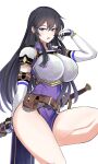  1girl :o armor ayra_(fire_emblem) belt belt_buckle black_eyes black_hair breastplate breasts brown_belt buckle commentary desspie detached_sleeves dress english_commentary fire_emblem fire_emblem:_genealogy_of_the_holy_war hair_between_eyes highres large_breasts long_hair open_mouth pauldrons pelvic_curtain purple_dress shoulder_armor sidelocks simple_background solo sword thighs very_long_hair weapon white_background 