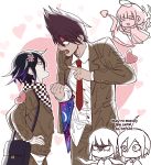  2girls 3boys :d ahoge anger_vein angry bag black_bow bow brown_jacket checkered_clothes checkered_scarf collared_shirt danganronpa_(series) danganronpa_v3:_killing_harmony dress_shirt english_text facial_hair goatee hair_between_eyes halo harukawa_maki heart highres jacket low_twintails male_focus miri_(bossu_osu) momota_kaito multiple_boys multiple_girls necktie oma_kokichi open_clothes open_jacket profile red_necktie saihara_shuichi scarf shirt shoulder_bag smile spiked_hair teeth twintails white_shirt yonaga_angie 