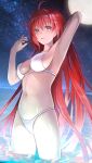  1girl ahoge aozaki_aoko arm_up armpits blue_eyes breasts cleavage commentary_request commission full_moon hair_intakes hand_up highres large_breasts long_hair looking_at_viewer moguta_(moguta9) moon navel night night_sky parted_lips red_eyes red_hair sideboob skeb_commission sky solo star_(sky) starry_sky tsukihime wading water 