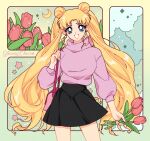  1girl bag bishoujo_senshi_sailor_moon black_skirt blonde_hair blue_eyes crescent double_bun flower hair_bun handbag highres long_hair mroczniak_(gloomy_chuu) pink_sweater skirt smile solo sweater tsukino_usagi tulip turtleneck twintails 