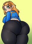 big_breasts big_butt black_bottomwear black_clothing blonde_hair blue_clothing blue_topwear bottomwear breasts breath_of_the_wild butt clothing eyelashes eyeshadow female green_background green_eyes green_eyeshadow hair ham_saus humanoid humanoid_pointy_ears hylian looking_at_viewer looking_back looking_back_at_viewer makeup nintendo nipple_outline panty_lines princess_zelda rear_view simple_background smile solo tan_body tan_skin the_legend_of_zelda thick_thighs topwear wide_hips yellow_background