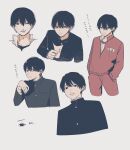  1boy black_eyes black_hair blood chainsaw_man commentary_request ear_piercing earrings gurukousu hands_in_pockets highres holding jewelry male_focus mole mole_under_mouth nosebleed pants piercing single_earring track_pants track_suit translation_request yoshida_hirofumi 