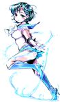  back_bow bishoujo_senshi_sailor_moon blue_eyes blue_footwear blue_hair blue_sailor_collar blue_skirt boots bow full_body hydrokinesis jamu knee_boots leg_up magical_girl mizuno_ami no_choker pleated_skirt ribbon sailor_collar sailor_mercury sailor_senshi_uniform short_hair skirt smile solo tiara water white_background 