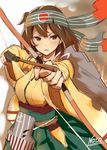  :o aiming archery arrow bad_id bad_twitter_id bandana bow_(weapon) brown_eyes brown_hair expressionless flight_deck highres hiryuu_(kantai_collection) holding holding_weapon japanese_clothes kantai_collection kimono long_sleeves looking_at_viewer muneate parted_lips serious short_hair signature solo standing takehana_note upper_body v-shaped_eyebrows weapon 