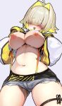  1girl ahoge blonde_hair blush breasts clothes_lift elegg_(nikke) goddess_of_victory:_nikke hair_over_eyes highres jacket kajimakoto large_breasts lifted_by_self long_bangs looking_at_viewer medium_hair multicolored_clothes multicolored_jacket navel nipples shirt_lift short_shorts shorts simple_background smile solo thigh_strap two-tone_jacket white_background white_jacket yellow_jacket 