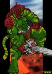  abs armor battle_cat biceps big_muscles fangs fur green_fur loincloth looking_at_viewer male masters_of_the_universe muscles pecs pose rackun solo stripes sword teeth weapon 
