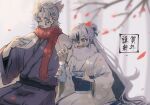  1boy 1girl black_hair bottle cigarette cup fate/grand_order fate_(series) green_eyes grey_eyes grey_hair happy_new_year japanese_clothes kimono long_hair multicolored_hair nagao_kagetora_(fate) red_scarf sakazuki sake_bottle scarf smoking takeda_shingen_(fate) two-tone_hair white_hair yuzumotty 