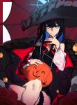  1girl absurdres black_hair blue_archive blue_eyes blue_hair blue_halo couch curryrakun_00 doodle_sensei_(blue_archive) halloween halloween_bucket halloween_costume halo hat hat_ribbon highres multicolored_hair pumpkin red_pillow ribbon saori_(blue_archive) sensei_(blue_archive) solo thigh_strap 