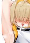 1girl :3 ahoge arm_up armpit_focus blonde_hair blush brown_hair elegg_(nikke) flustered goddess_of_victory:_nikke hair_intakes heart heart_in_mouth highres medium_hair open_mouth simple_background solo sweat upper_body white_background yumelixt 