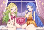  2girls ahoge babydoll barefoot blue_eyes blue_hair blush breasts commission curtains fire_emblem fire_emblem_awakening fire_emblem_engage green_hair highres indoors large_breasts long_hair looking_at_viewer lumera_(fire_emblem) multiple_girls navel nightgown nowi_(fire_emblem) on_bed onyhakase open_mouth panties pointy_ears purple_eyes second-party_source sitting skeb_commission small_breasts smile underwear very_long_hair wariza window yes-no_pillow 