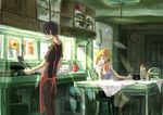  1girl absurdres apron black_hair bow bread brother_and_sister cooking flower food hair_bow highres kagerou_project kisaragi_momo kisaragi_shintarou kitchen long_hair orange_hair refrigerator siblings side_ponytail sitting spatula sunflower table yelsh 