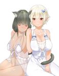  :3 animal_ears babydoll bad_id bad_twitter_id black_hair blonde_hair bow breasts cat_ears cat_tail cleavage closed_eyes hair_bow highres holding_hands jpeg_artifacts lace lace_panties large_breasts light_smile long_hair multiple_girls nightgown original panties pointy_ears red_eyes short_hair simple_background sitting string_panties tail underwear white_background white_panties yaman 