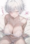  1girl arm_support bare_arms bare_shoulders bed_sheet blush bra breasts cleavage closed_eyes collarbone commentary_request from_above hair_intakes hair_over_one_eye huge_breasts kurono_mitsuki lace-trimmed_bra lace-trimmed_panties lace_trim navel on_bed open_mouth original panties short_hair simple_background sitting solo spoken_blush stomach sweat translation_request underwear very_short_hair white_background white_bra white_hair 