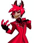  1boy absurdres alastor_(hazbin_hotel) animal_ears bow bowtie coat colored_sclera deer_boy deer_ears demon demon_boy grin hazbin_hotel highres looking_at_viewer male_focus multicolored_hair red_eyes red_hair red_sclera red_suit sharp_teeth short_hair simple_background smile striped_clothes striped_coat striped_vest suit teeth vertical-striped_clothes vertical-striped_vest vest yellow_teeth ykah2437 