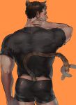  1boy animal_ears ass back bara black_hair black_male_underwear cat_boy cat_ears cat_tail chris_redfield facial_hair hand_on_own_neck highres kuconoms male_focus male_underwear muscular muscular_male orange_background resident_evil resident_evil_6 short_hair simple_background solo tail underwear 