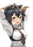  1girl :d arknights arms_up black_hair breasts brown_eyes brown_necktie commentary_request highres jackie_(arknights) looking_at_viewer necktie open_mouth raramente short_hair small_breasts smile solo upper_body 