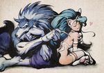  artgerm blue_fur blue_hair canine clothing darkstalkers felicia_(darkstalkers) feline female fur hair jon_talbain male mammal pants reclining scratching sitting video_games were werewolf white_fur 