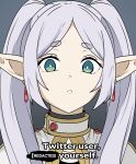  1girl bright_pupils earrings elf english_commentary english_text frieren gold_trim green_eyes highres jewelry long_hair looking_at_viewer parted_bangs parted_lips pointy_ears portrait simple_background solo sousou_no_frieren tavi_(hosheezus) twintails white_hair white_pupils 