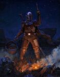  2boys alien armor brown_cape cape debris din_djarin embers grogu gun handgun highres holding holding_gun holding_weapon mandalorian mandalorian_armor mandalorian_helmet multiple_boys nazart night outdoors smoke star_wars the_mandalorian weapon 