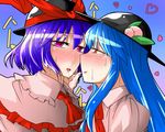  after_kiss blue_hair food fruit hat hat_ornament hinanawi_tenshi long_hair looking_at_another multiple_girls nagae_iku peach pink_eyes purple_hair red_eyes saliva saliva_trail scarf sei_(kaien_kien) short_hair touhou yuri 