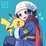  1girl :d akari_(pokemon) black_hair commentary_request eyelashes from_side green_background grey_eyes head_scarf highres holding holding_pokemon jacket lightning_bolt_symbol logo open_mouth pikachu pokemon pokemon_(creature) pokemon_legends:_arceus red_scarf scarf sidelocks smile sutokame white_headwear 