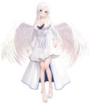  1girl absurdres angel_wings arms_at_sides bare_legs bare_shoulders belt black_bra blue_eyes blue_nails blush bra breasts chinese_commentary cleavage closed_mouth collarbone curtained_hair dress feathered_wings full_body hair_between_eyes highres large_breasts long_hair long_sleeves looking_at_viewer nail_polish original sandals shenqi_(toid310) sidelocks simple_background smile solo standing strapless strapless_dress tachi-e toes underwear white_background white_belt white_dress white_footwear white_hairl white_wings wings 