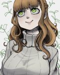  1girl absurdres black_clover braid brown_hair closed_mouth green_eyes highres limn044 long_hair mimosa_vermillion smile solo sweater turtleneck turtleneck_sweater white_sweater 