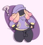 anthro balls beanie braix7_(artist) breasts circumcised clothed clothing clothing_pull erection fossil_pokemon generation_3_pokemon genitals gynomorph half_naked hat headgear headwear hi_res intersex lileep long_penis nintendo penis pokemon pokemon_(species) question_mark saggy_balls simple_background simple_eyes solo thick_thighs tugging tugging_clothing