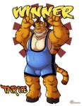  alpha_channel biceps big_muscles bovine cattle chubby clothing eyes_closed feline hooves horn hybrid male mammal musclegut muscles pecs solo standing tarke text tiger tigerbull tight_clothing werelion2003 wrestler wrestling_singlet 