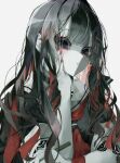  1girl absurdres black_choker black_hair black_serafuku blunt_bangs blurry choker closed_mouth colored_inner_hair commentary depth_of_field expressionless grey_background hair_ornament hairclip hand_on_own_cheek hand_on_own_face hand_rest highres holding holding_brush kagerou_4253 long_hair looking_at_viewer multicolored_hair neckerchief original pale_skin purple_eyes red_hair red_neckerchief sailor_collar school_uniform serafuku sidelocks simple_background solo symbol-only_commentary two-tone_hair upper_body white_sailor_collar 