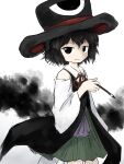  1other androgynous black_eyes black_hair coat collared_shirt detached_sleeves enraku_tsubakura green_hakama hakama hakama_short_skirt hakama_skirt hat highres ink japanese_clothes kuroda_(kurota_ne) large_hat len&#039;en long_sleeves looking_at_viewer other_focus paintbrush red_ribbon ribbon shirt short_hair skirt sleeveless sleeveless_coat smile solo top_hat white_background white_shirt 