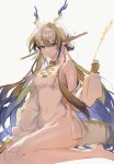  1girl absurdres arknights bare_shoulders barefoot blonde_hair blurry blush colored_skin dragon_girl dragon_horns dragon_tail dress full_body grey_hair grey_horns grey_tail hair_between_eyes hair_intakes hand_up haoyou_xiao_tianshi highres holding holding_plant horns jacket jewelry long_hair long_sleeves looking_at_viewer multicolored_hair necklace off_shoulder one-hour_drawing_challenge open_clothes open_jacket parted_lips plant pointy_ears purple_eyes purple_hair purple_horns shu_(arknights) side_slit simple_background sitting sketch smile solo strapless strapless_dress tail unfinished very_long_hair wheat white_background white_dress 