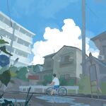  1boy back bicycle blue_sky building flower full_body haragayowainja highres male_focus original outdoors power_lines puddle riding riding_bicycle sky solo 