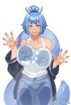  against_glass blue_hair breast_press breasts breasts_on_glass commission commissioner_upload condylonucla goop_(teuthidan) heterochromia highres large_breasts looking_at_viewer original short_hair signature smile snail_girl tail tank_top 