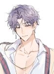  1boy collarbone earrings highres jewelry long_sleeves looking_at_viewer love_and_deepspace male_focus purple_eyes purple_hair rafayel_(love_and_deepspace) rukall short_hair single_earring solo upper_body 