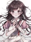  1girl :o apron bandaged_arm bandages black_hair blush breasts brown_eyes collared_shirt danganronpa_(series) danganronpa_2:_goodbye_despair grey_background hands_up highres large_breasts long_hair own_hands_together pink_shirt puffy_short_sleeves puffy_sleeves shirt short_sleeves simple_background solo tears tian_yin tsumiki_mikan white_apron white_background 